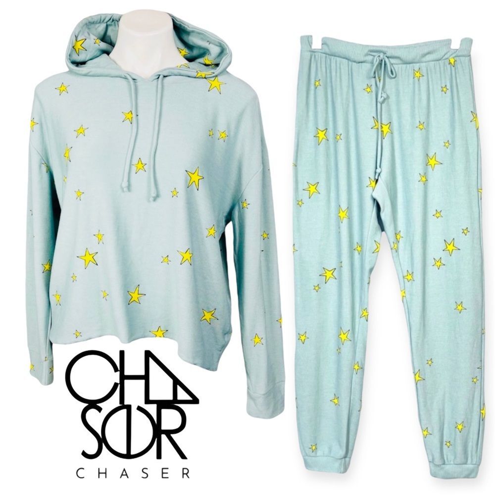 Chaser Brand Star Print Hoodie & Joggers Set Blue Yellow Revolve Loungewear L M - Picture 2 of 16